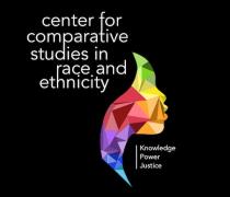 Center for Comparative Studies in Race and Ethnicity logo. Multicolored face with words, knowledge, power, justice
