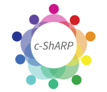 "c-ShARP" surrounded by overlapping head-and-shoulders icons in a spectrum of colors, representing DoR, H&S, SoE, SoM, SDSS.