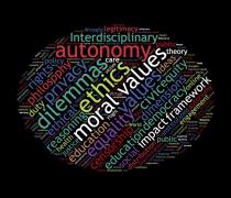 word cloud-key words are interdisciplinary, autonomy, dilemmas, ethics, moral values