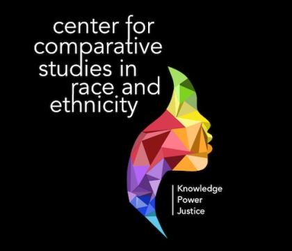 Center for Comparative Studies in Race and Ethnicity logo. Multicolored face with words, knowledge, power, justice